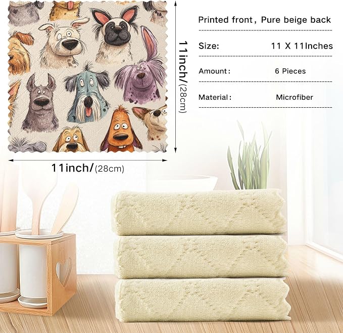 Beige Cartoon Pet Dogs Kitchen Towels Dish Cloths Set of 6 Microfiber Cleaning Cloths for Cars Super Absorbent Machine