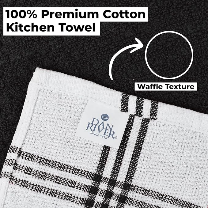 DAN RIVER Premium Black Kitchen Towels - [Pack of 6] 100% Cotton (16x 26 Inches) -Super Soft, Highly Absorbent Hand Towels, Quick Dry, Dish Towels, Tea and Bar Towels Set