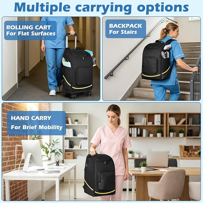 Rolling Cleaning Caddy Bag with Wheels, Large Cleaning Supplies Organizer Backpack with Detachable Trolley and Cleaning Apron for Housekeepers, Home, Hotel & Car Detailing