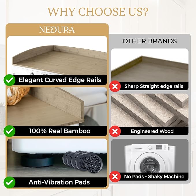 Nedura Washer Dryer Countertop w/Anti-Vibration Pads & Curved Edge Rails, Premium Bamboo Laundry Countertop, Washer Dryer Topper, Laundry Room Organization, Laundry Room Accessory - Driftwood