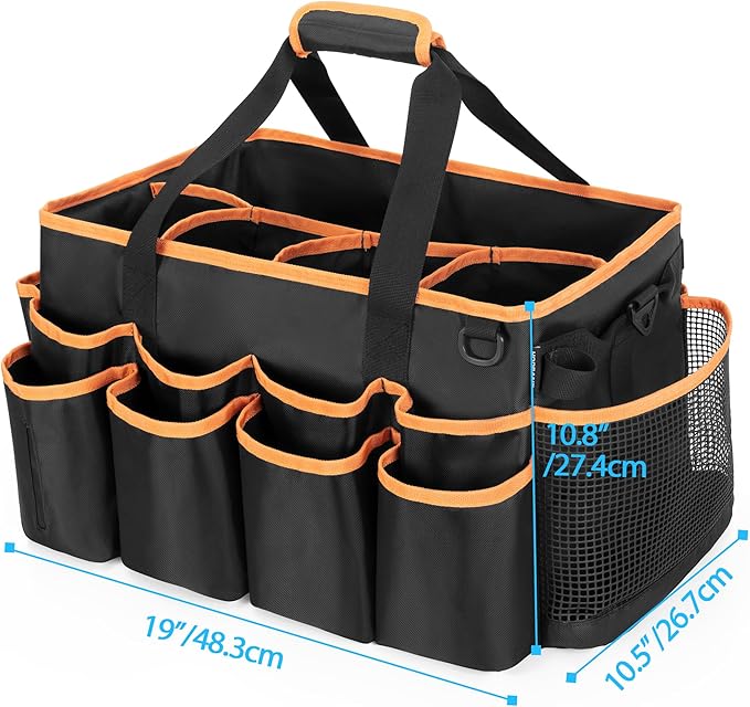 HODRANT Extra-large Wearable Cleaning Caddy, Organizer Bag for Housekeeper with Pad, Handle & Divider, Car Wash Tools Bag for Detailing Supplies, Orange Edge