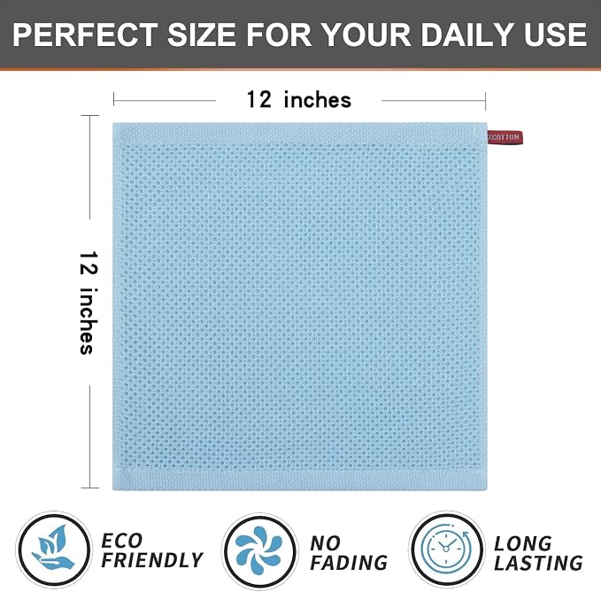Kitinjoy 100% Cotton Kitchen Dish Cloths (12 X 12 Inches, Sky Blue), 6 Pack Waffle Weave Ultra Soft Absorbent Dish Towels for Drying Dishes Quick Drying Kitchen Towels Dish Rags