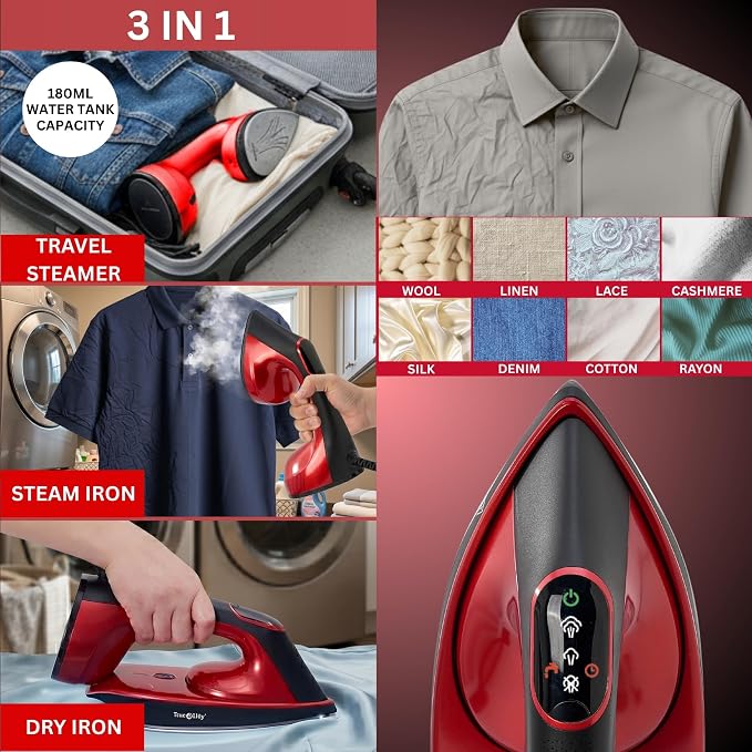 True & Tidy DuoPress XL 2-in-1 Clothes Steamer & Iron, 1600W Powerful Turbo Steam, Large Ceramic Plate, Smart Temperature Control, 3 Steam Modes