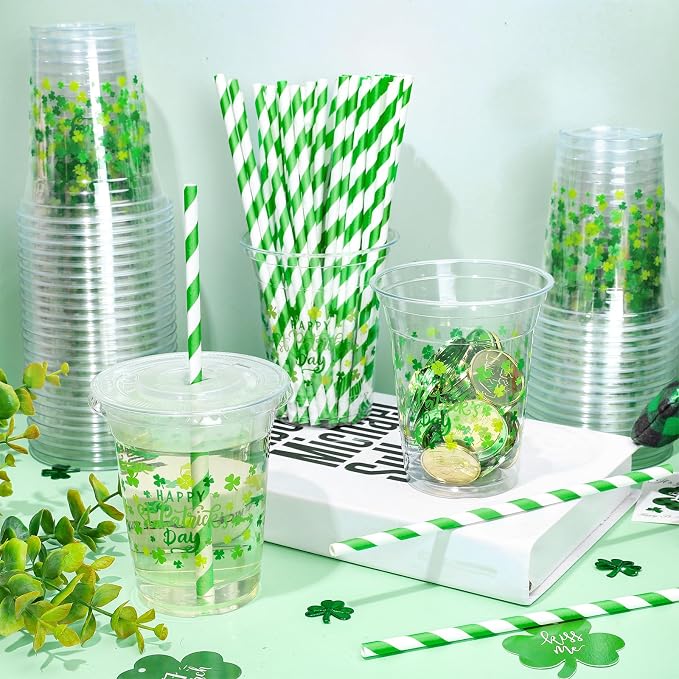 JarThenaAMCS 50Pcs St. Patrick's Day Plastic Cups with Lids and Straws 12oz Disposable Shamrock Drinking Cups Green Lucky Clover Cold Beverage Cups for Irish Holiday Beer Party Supplies