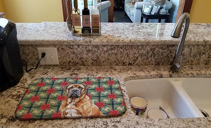 Caroline's Treasures Neapolitan Mastiff Christmas PoinsettIas Dish Drying Mat Absorbent Dish Drying Mat Pad for Kitchen Counter Dish Drainer Mat for Countertop, 14 x 21", Multicolor