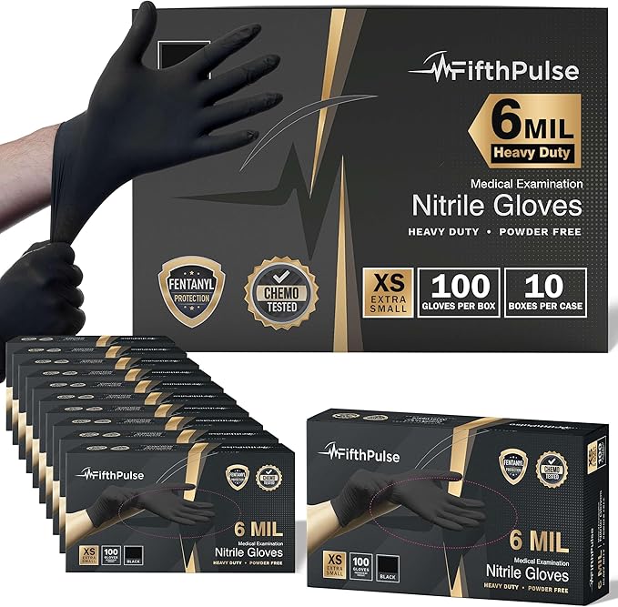 FifthPulse 6 Mil Black Nitrile Gloves, Heavy Duty Mechanic and Food Grade Glove - Powder-Free, Latex-Free Medical Exam Gloves