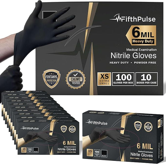 FifthPulse 6 Mil Black Nitrile Gloves, Heavy Duty Mechanic and Food Grade Glove - Powder-Free, Latex-Free Medical Exam Gloves