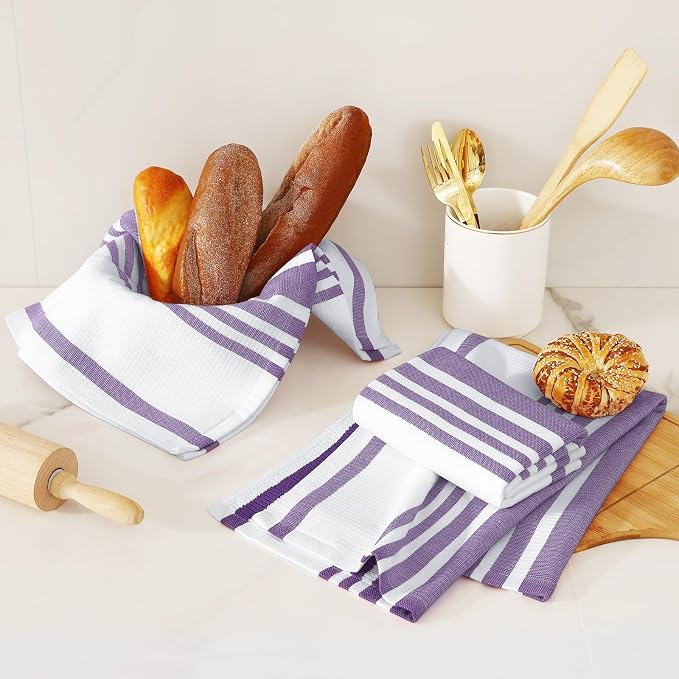 Homaxy Premium Kitchen Towels 18”x 28”, Large Cotton 380 GSM Kitchen Hand Towels, Stripe and Terry Dish Towel, Highly Absorbent Tea Towel Set with Hanging Loop, 3 Pack, Purple