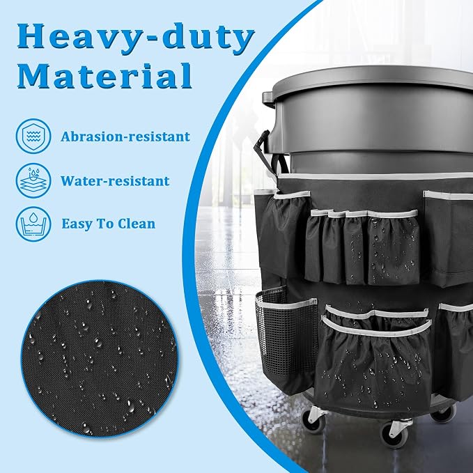 HODRANT Trash Can Caddy Bag Fit 32-55 Gallon Garbage Bin, Cleaning Caddy Bag with Adjustable Buckle for Industrial Trash Can, 13 Pockets Cleaning Tool Organizer for Cleaning Supplies, Gray Edge