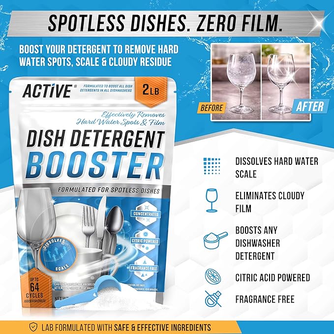 ACTIVE Dishwasher Detergent Booster and Appliance Cleaner Wipes - Includes 32oz Dish Soap Boosting Powder and 24ct Appliance Cleaning Wipes