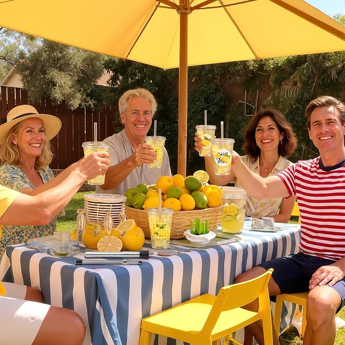 Yungyan 25 Sets Lemonade Cups with Lids Straws 32 oz Clear Plastic Cups Include Lemon Slicer, Muddler, Straw Puncher, Stickers and Straw Brush Summer Lemonade Stand Supplies Kits for Lemon Bar