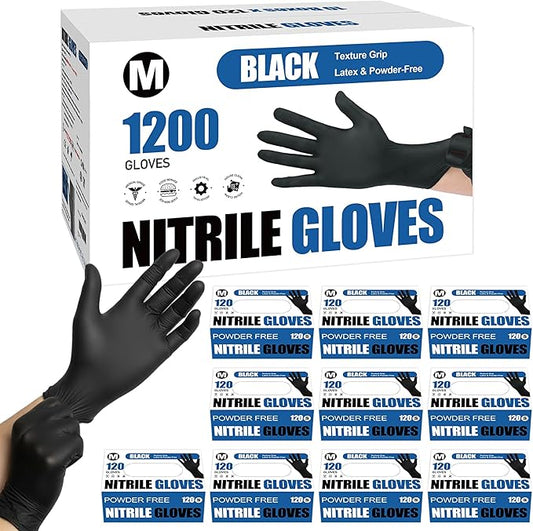 Fixwal 1200pcs Black Nitrile Disposable Gloves, 4 Mil, Latex Free & Powder Free, Food Grade for Cooking BBQ Food Prep, Cleaning, Automotive, Salon - Bulk Size