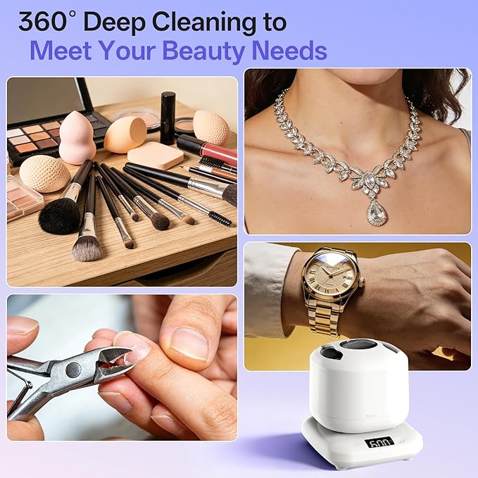 Ultrasonic Jewelry Cleaner with Detachable Tank, Makeup Brush Cleaner Machine Professional for Rings, Necklaces, 4 Modes with U-V, Portable Quiet, IPX7 Waterproof – Also Ideal for Retainers & Dentures
