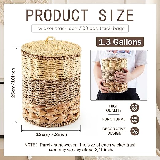 Ctosree 1.3 Gallons Small Trash Can with Lid Handle Boho Woven Braided Bathroom Waste Basket Trash Can with 100 Garbage Bags for Bedroom Office Laundry(Braided Wicker, Primary Color)