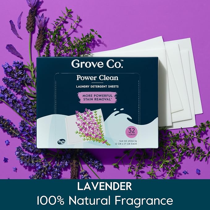 Grove Co. Laundry Detergent Sheets, 64 Loads, Lavender Blossom & Thyme | Lavender Blossom & Thyme; Fights stains