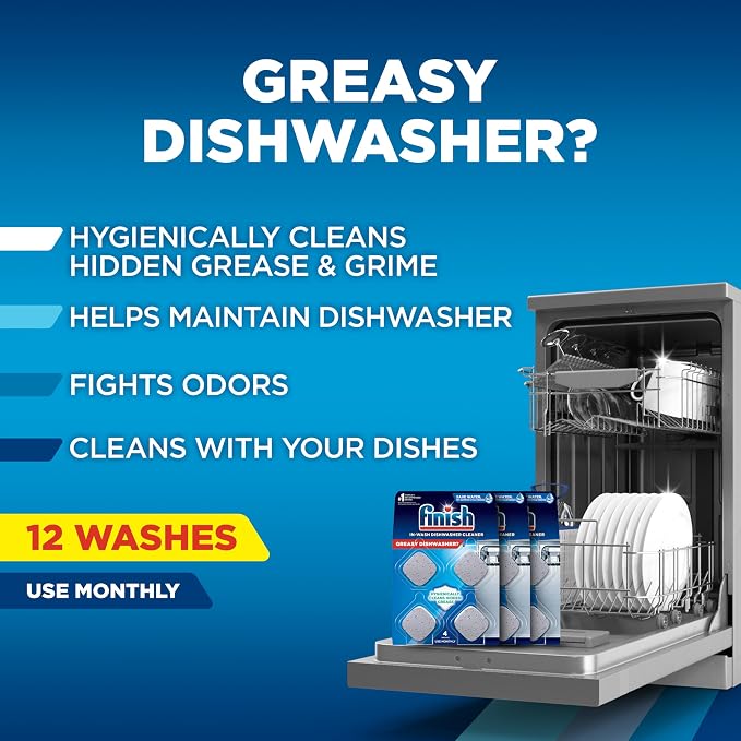 Finish Dishwasher Cleaner Tablets, Deep Cleans Hidden Grease & Grime, Fights Odors, No Extra Wash Cycle, Helps Maintain Dishwasher, 12 Month Supply, 12 Count (Pack of 4)