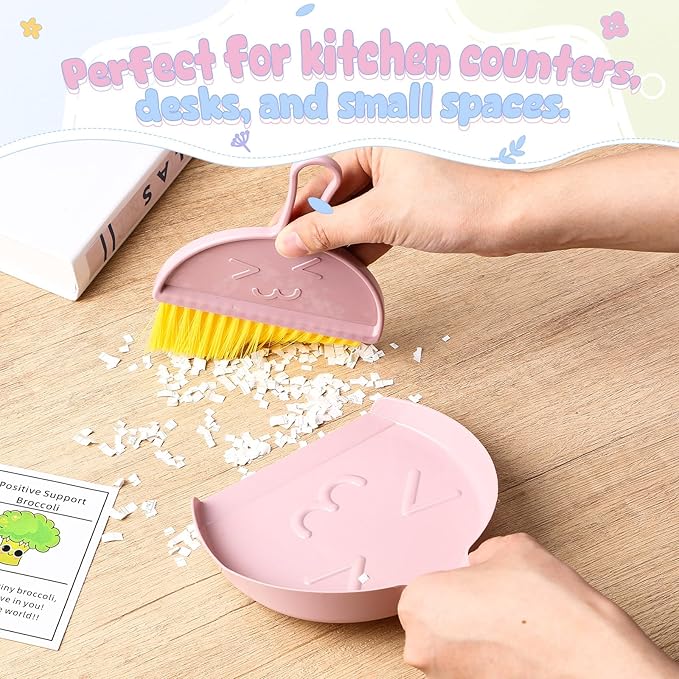 LemonRoad 24 Pcs Mini Broom and Dustpan Set with Handle Nesting Tiny Cleaning Broom Hangable Back to School Supplies for Classroom Office Desk Car Kitchen Camping Pet Area Pastel Colors