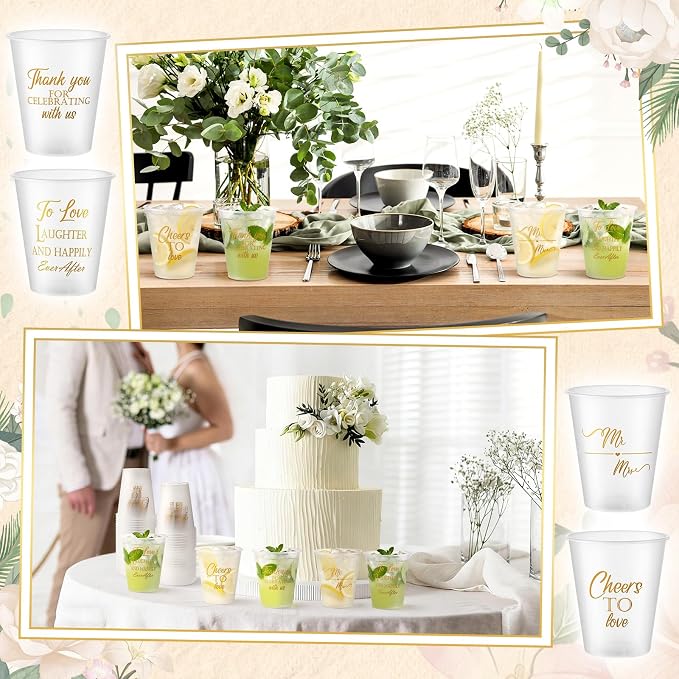 Yungyan 60 Pcs Wedding Frosted Plastic Cups Bulk 12 oz Clear Wedding Cups for Reception Disposable Cheer to Love Bridal Shower Bachelorette Party Supplies