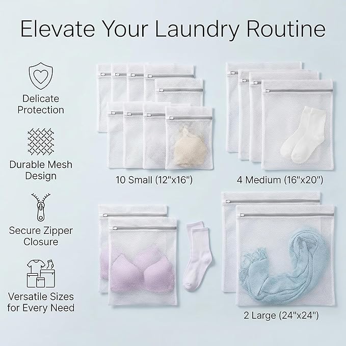 Mesh Laundry Bags for Delicates - 12x16/16x20/24x24 Inches Washing Bags for Bras, Lingerie, Socks, Baby Clothes, 3 sizes 16 Pack