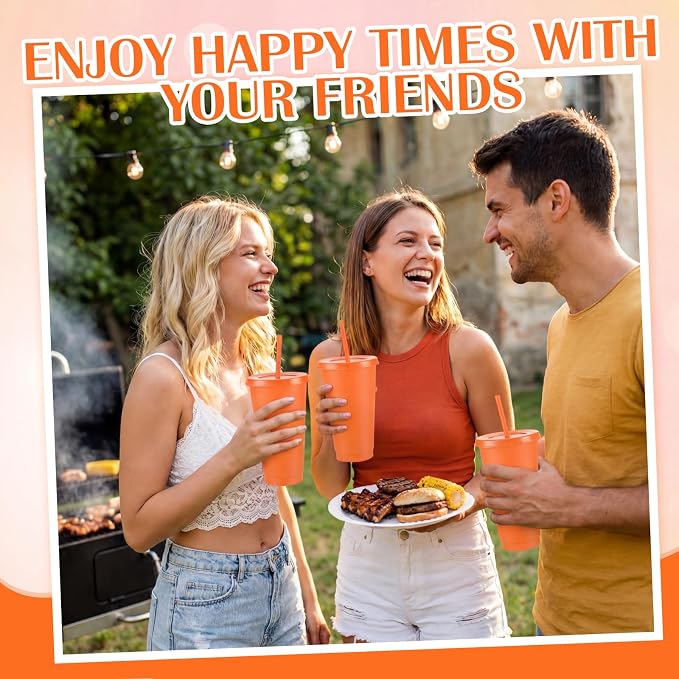 Honeydak 60 Pack Tumbler with Straw and Lid Bulk Cups for Gifts Water Bottle Iced Coffee Travel Mug Cup Reusable Plastic Tumblers for Party Birthdays 24-27 oz (Orange Color)