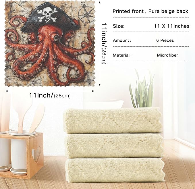 Octopus Pirate and Compass Kitchen Towels Dish Cloths Set of 6 Microfiber Cleaning Cloths for Cars Super Absorbent Machine