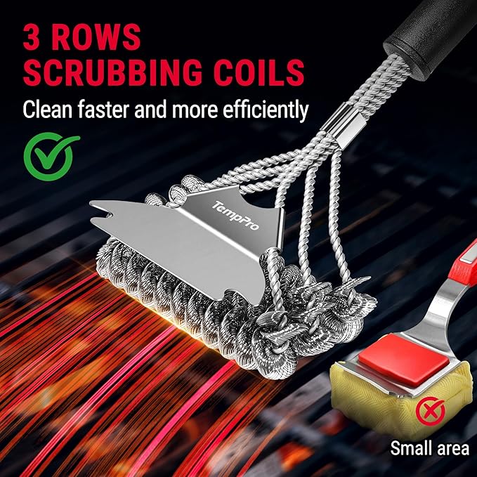 TempPro BBQ Grill Brush with Wide Scraper, Bristle-Free Stainless Steel Grilling Cleaner, Safe All-Grate Cleaner, Perfect for BBQ Grill Cleaning Accessory (Previously ThermoPro)