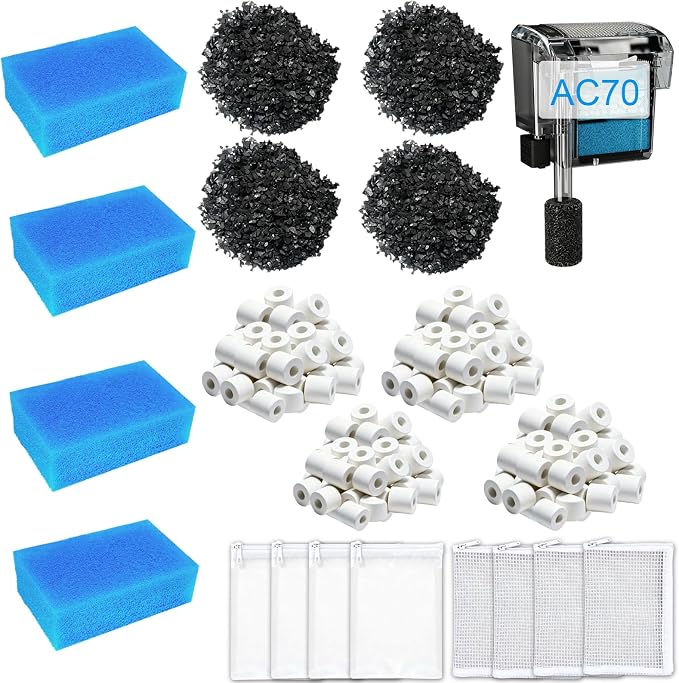 4 Set Media Maintenance Kit Replacement for Fluval AC70 Power Filter - for Use in Freshwater & Saltwater Aquariums - Includes 4 Active Carbon 4 Ceramic Rings 2 Intake Strainer Sponges 4 Foam Filter