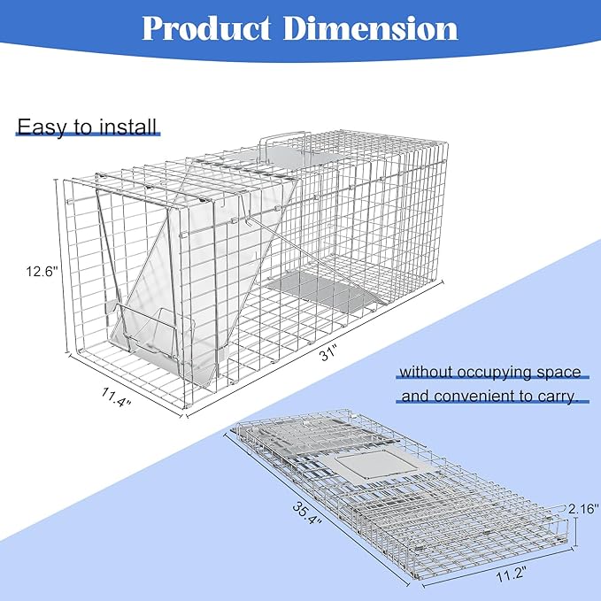 Humane Live Animal Trap, Heavy Duty Folding Raccoon Traps Cage for Cat, Squirrel, Skunk, Raccoon, Fox Catch and Release Large Size 31.1 * 11 * 12.6 Inch