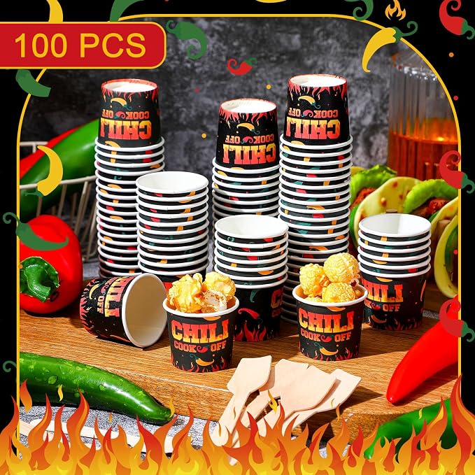 Teenyyou 100 Pcs Chili Cook off Party Decorations, 50 Pcs 2 oz Mini Chili Cook off Tasting Cups Disposable Sample Paper Cups and 50 Wooden Spoons for Competition Prizes Party Cooking Supplies(Black)