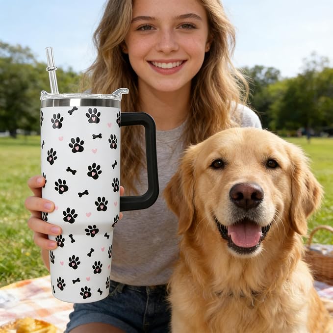 40oz Dog Paw Flip Tumbler with Handle & Straw, Vacuum Insulated Stainless Steel Flip Top Water Bottle, Cute Dog Paw Print Travel Mug, Dog Lover Gifts for Women, Pet Themed Tumbler for Car Cup Holder