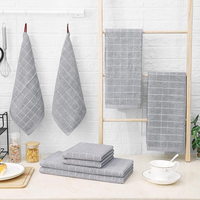Homaxy Kitchen Towels and Dishcloths Set, 12 x 12 and 13 x 28 Inches, Set of 16 Bulk Cotton Terry Kitchen Towels Set, Checkered Designed, Soft and Super Absorbent Dish Cloths, Light Grey