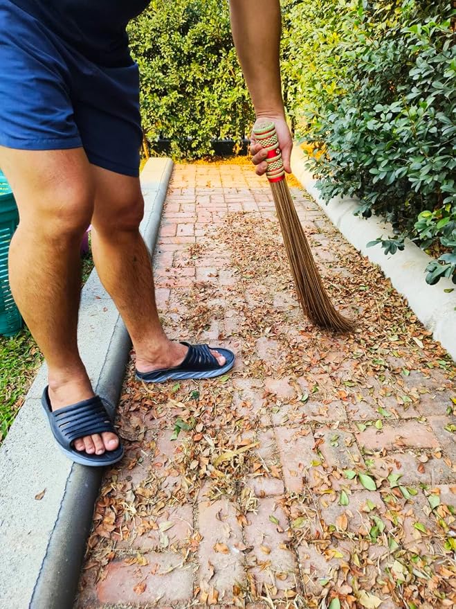 32 inch Multi-Surface Sturdy Outdoor Authentic Coconut Leaf Broom Asian Heavy Duty Broom Thai Natural Coconut Leaf Broom (Country Rustic) 1 Piece (2 piece)