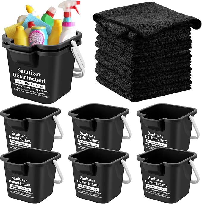 Vesici 6 Sets 3 Quart Cleaning Bucket with Microfiber Cleaning Cloths Small Sanitizing Square Bucket Detergent Plastic Utility Pail with Handle for Household Restaurant Office School Use (Black)