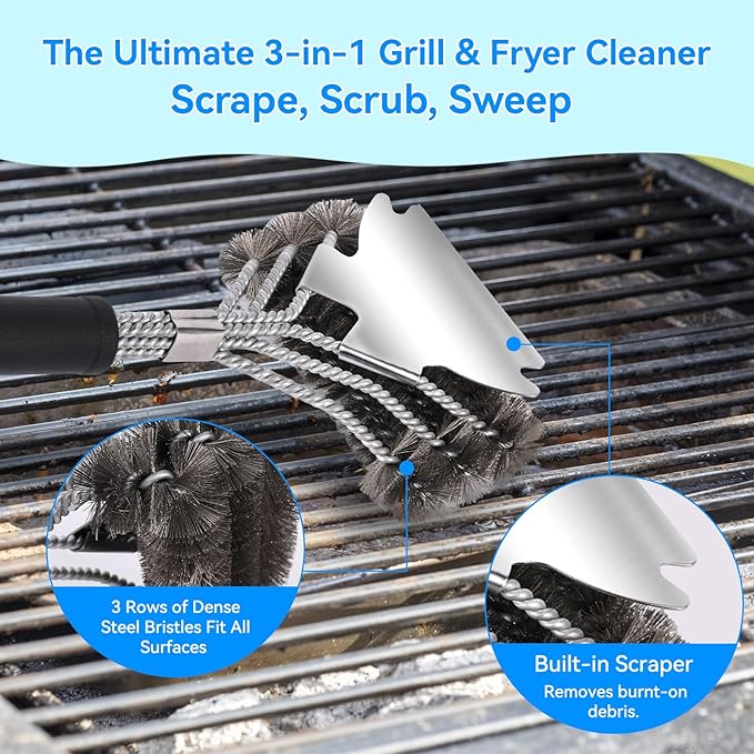 4-Piece Professional Deep Fryer Cleaning Kit - Commercial Stainless Steel Set with Dual-Layer Basket Brush, 3-in-1 Grill Scraper, L-Shape Brush & Drain Wand