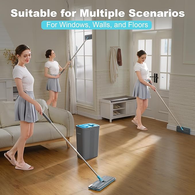 JOYMOOP Mop and Bucket Set, Mops for Floor Cleaning, Wall Mop Cleaner with Long Handle, with 6 Reusable Microfiber Mop Pads - Grey+Cyan Blue
