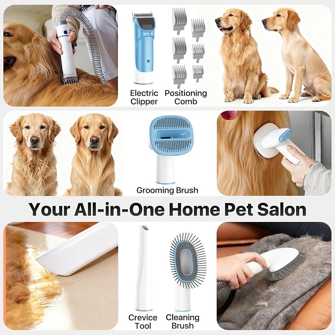 buenkee Dog Grooming Kit with Vacuum, 15000Pa Pet Hair Clipper and Shedding Brush, 2L Capacity, Blue