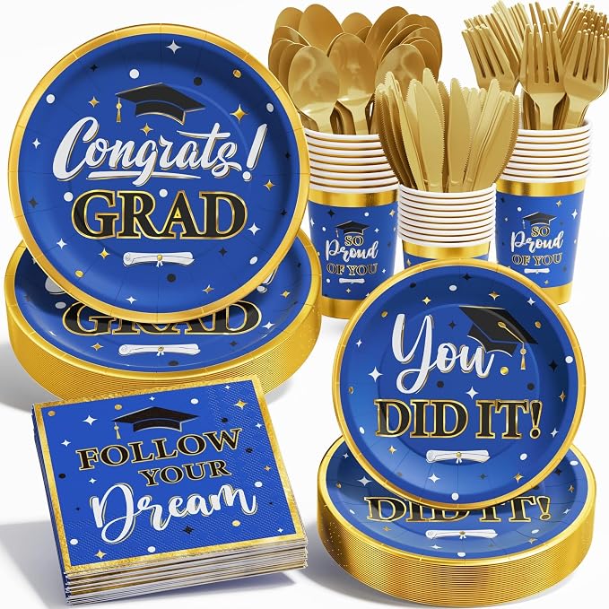 Graduation Decorations Class of 2026, 175PCS Graduation Party Supplies Disposable Dinnerware(Serve 25) with Paper Plates Cup Napkin Fork Knife Spoon College High School Grad Decor(Blue & Gold)