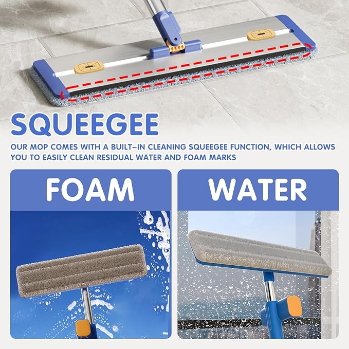 Self Wringing Microfiber Flat Mop and Bucket System with 16.5" Large Head and 55" Long Handle for Floor Wall Cleaning, 5 Microfiber Pads and Foldable Bucket, Wet and Dry