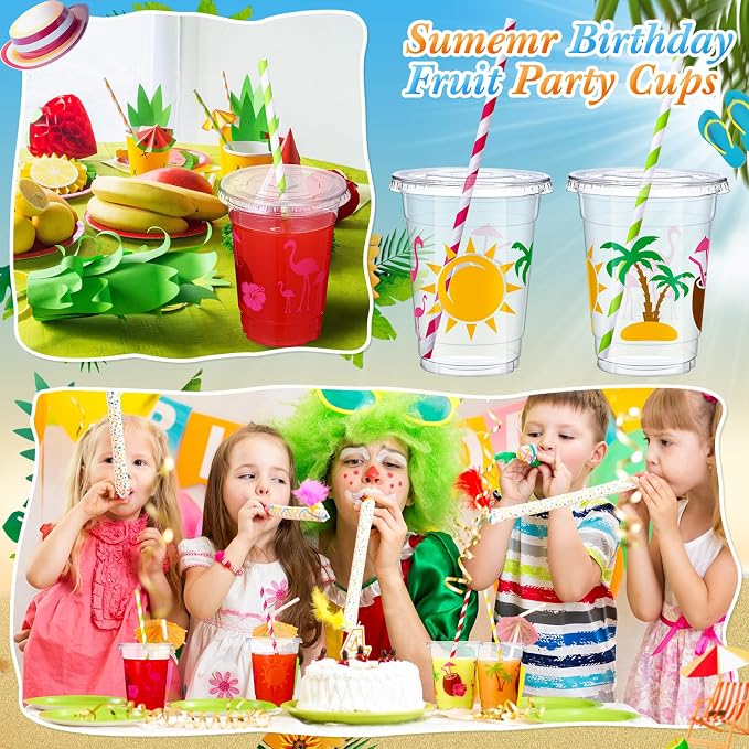 Blushtier 300 Pcs Summer Disposable Plastic Cups with Lids and Straws - 12oz Hawaii Laua Party Favors - Flamingo Disposable Clear Palm Tree Floral Tropical Drinking Cups for Party
