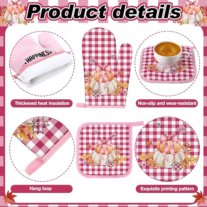 Fanfanwin 10 Pcs Thanksgiving Pumpkin Kitchen Decor Set Pink Kitchen Towels Pot Holders Oven Mitts and Rugs Set for Baking Cooking BBQ Thanksgiving Home Decor