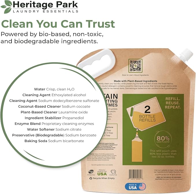 Heritage Park Luxury Laundry Detergent | Dermatologist Tested Plant based Natural & Enzyme Laundry Detergent | Sensitive Skin Friendly - Fragrance Free (64 fl oz Refill)