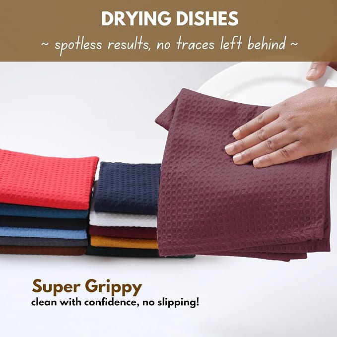 Native Fab 6 Pack Cotton Waffle Dish Cloths - 12x12 inch, Soft, Absorbent & Quick Drying Towels for Cleaning, Cooking & Baking - Great for Home, Restaurants, Cafes & Bars - Burgundy Wine