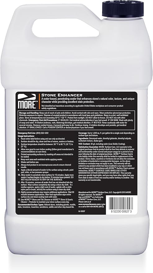 MORE Stone Enhancer & Sealer | 2-in-1 Formula for Indoor & Outdoor | Water-Based, Color Enhancing, Stain Protection for Marble, Granite, Limestone, Travertine & Natural Stone - No Gloss Finish [128oz]