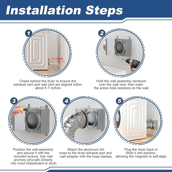 Magnetic Dryer Vent, 90 Degree Magnetic Dryer Vent Strong Magnet Dryer Vent Connector Kit Airtight Seal Adapter Quick Connect Disconnect Easy to Clean Foil Hose 4" Exhaust Duct with Clamps Screws