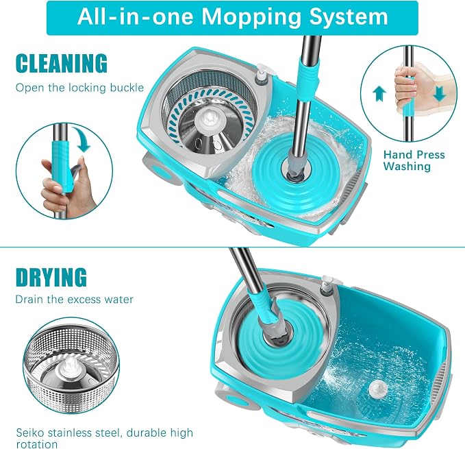 Mop Bucket Separate Dirty Water and FunClean Spin Mop and Bucket with 12 Microfiber Replacement Head Refills,61" Extended Handle