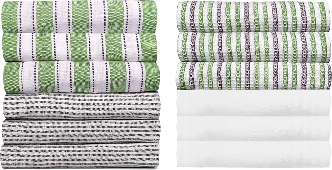 Pack of 12 Cotton Kitchen Towels Set, Dish Towels, Cleaning Rags, Kitchen Dish Cloths for Washing Dishes, Cotton Cleaning Cloths, Ultra Soft, Lightweight & Quick Dry, Flat Weave, 28"x18", Olive & Gray