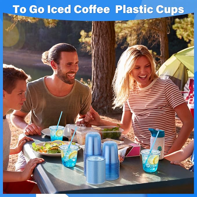 KesaPlan 50 Pack 12 oz Blue Plastic Party Cups with Lids & Straws, Disposable Iced Coffee Cup with Lids, Round Bottom Drinking Cups for Cocktail Cold Beverages Birthday Wedding Picnics Party Supplies