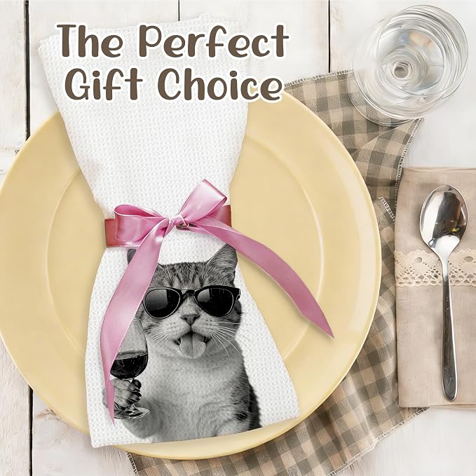 Funny Cat Kitchen Towels Set of 2, Cat Kitchen Bar Accessories, Chef Gifts for Women Decorative Hand Towels for Kitchen Decor, Coffee Wine Lovers Dish Tea Towel, 16x24 Inch