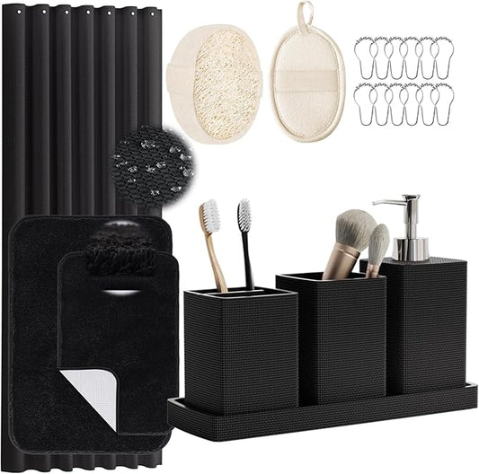 Black Bathroom Sets, Black Bathroom Accessories Set with Shower Curtain and No-Slip Bath Rugs, Natural Loofah Sponge, Soap Dispenser, Toothbrush Holder, Bathroom Tumbler and Tray for Bathroom