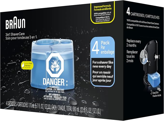 Braun Clean & Renew Refill Cartridges CCR, Replacement Shaver Cleaner Liquid Solution for Clean&Charge System, Pack of 4